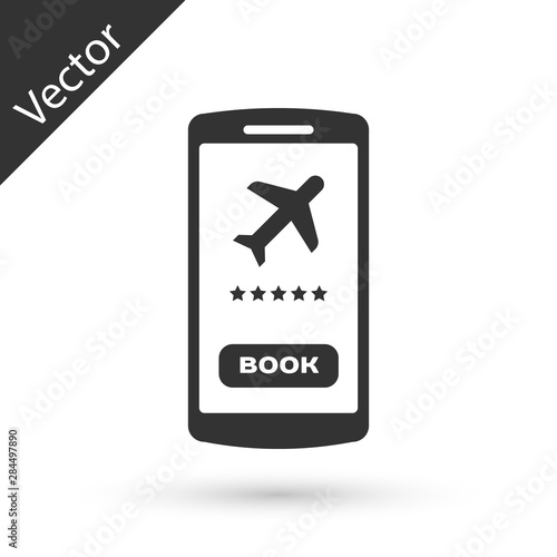 Grey Smartphone with electronic boarding pass airline ticket icon isolated on white background. Passenger plane mobile ticket for web and app. Vector Illustration