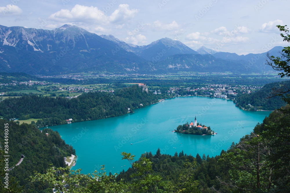 A view over the beautiful Lake Bled from a nearby lookout point