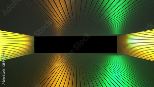 Creative interior animation of spaceship with reflective walls, yellow and green lights. abstract 3D futuristic rendering. Technologhy concept. 