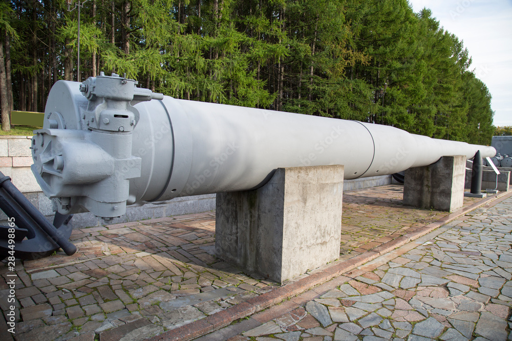 The gun barrel of a ship like a battleship 305 mm, USSR. Military equipment of the Second world war.
