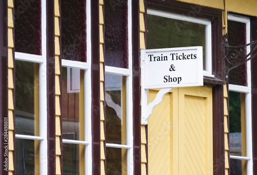 Train tickets vintage sign at victorian railway station in Wemyss Bay Scotland photo