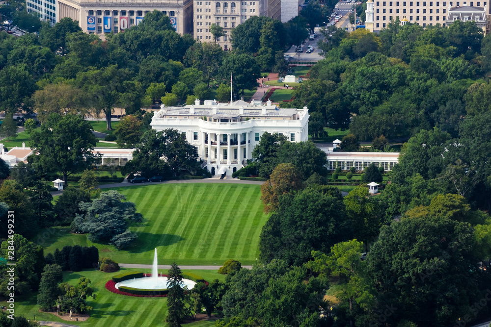 Aerial view overlooking 1600 Pennsylvania Avenue, The White House & the South Lawn, Washington DC
