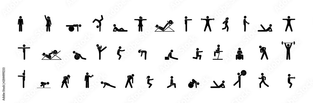 Gymnasium icons, people athletes do various exercises, fitness, gymnastics, and strength exercises. Pictogram, stick figure man.