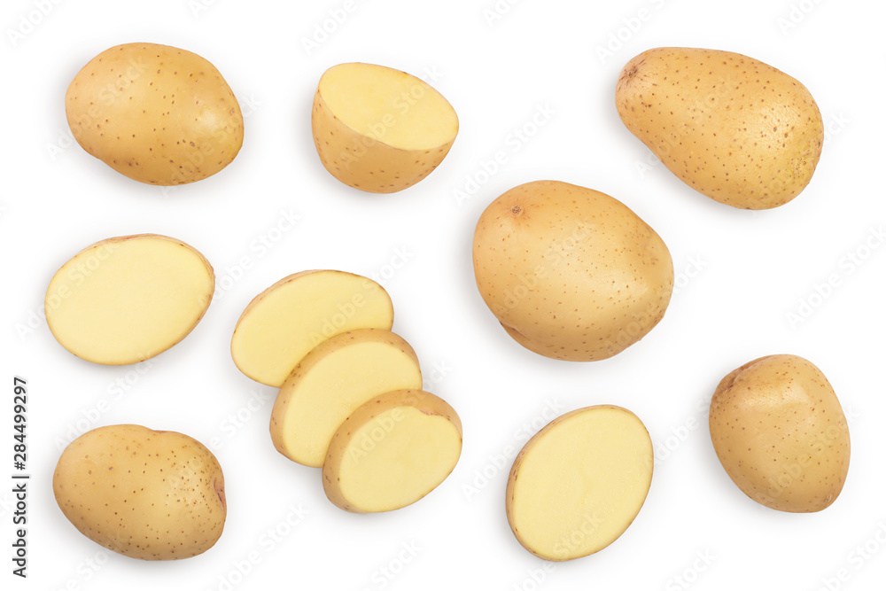 Fototapeta premium Young potato isolated on white background. Harvest new. Top view. Flat lay, Set or collection