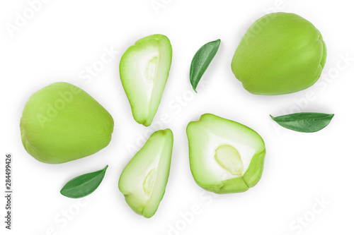 fresh Chayote vegetable isolated on white background. Top view. Flat lay