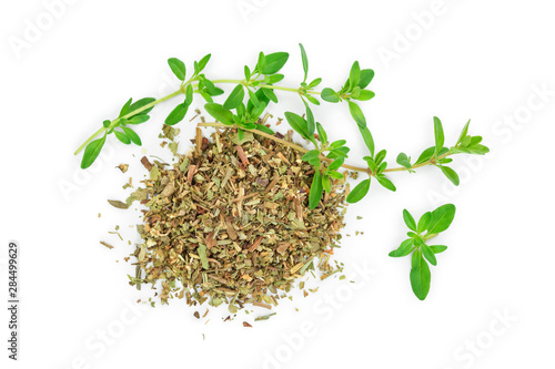 Green thyme with dried thyme leaves isolated on white background close up