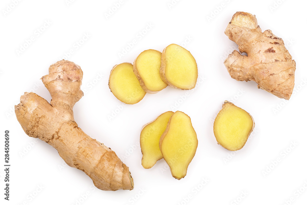 fresh Ginger root and slice isolated on white background. Top view. Flat lay fresh Ginger root and slice isolated on white background. Top view. Flat lay