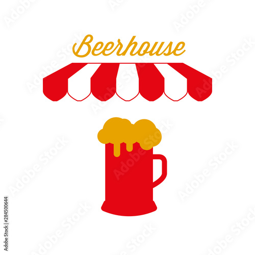 Beerhouse Pub Sign, Emblem. Red and White Striped Awning Tent. Vector Illustration