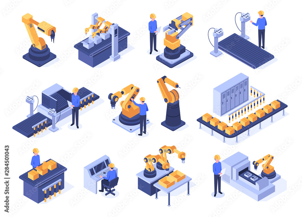 Isometric industrial robots. Assembly line machines, robotic arms with engineer workers and manufacturing technologies. Mechanic industry factory scanner. Isolated 3d vector icons set