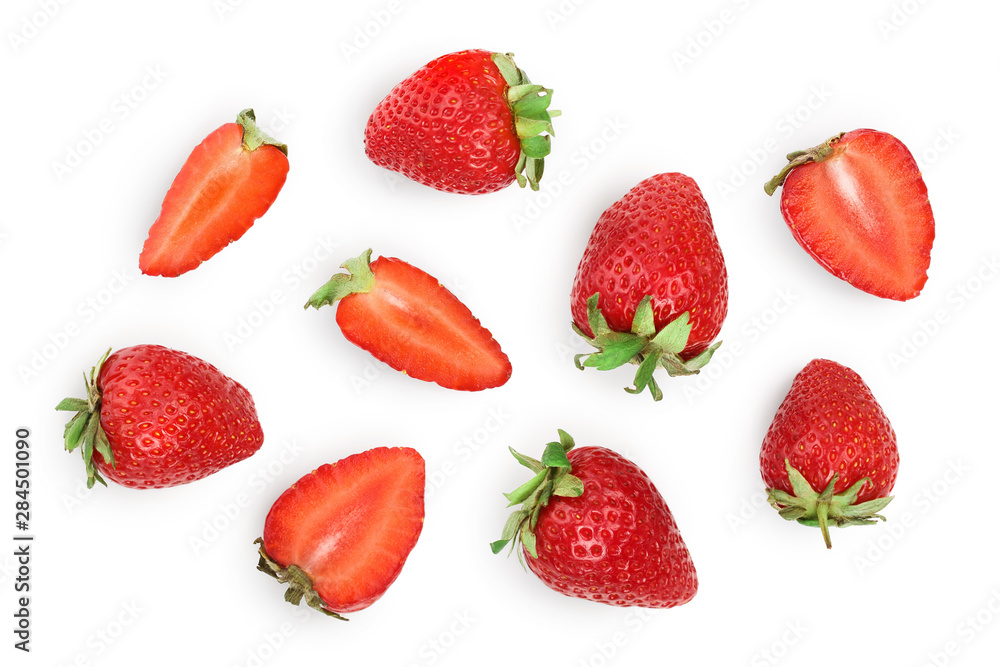 Strawberries isolated on white background. Top view. Flat lay pattern Strawberries isolated on white background. Top view. Flat lay pattern