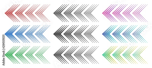 Halftone arrows. Color web arrow with dots. Colorful dotted moving forward and download symbols. Direction signpost gradient arrows web logo. Isolated colorful vector icons set