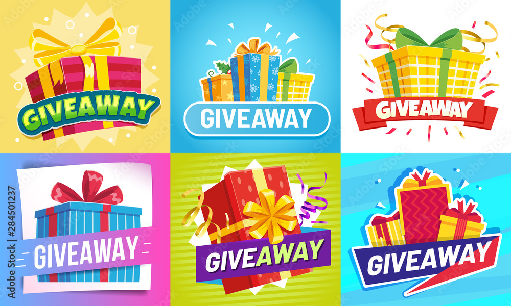 Giveaway post. Give away gifts, winner reward and gift prize draw social media posts. Announcement gifts posters, internet blogger or shop random quiz event flyer vector illustration set