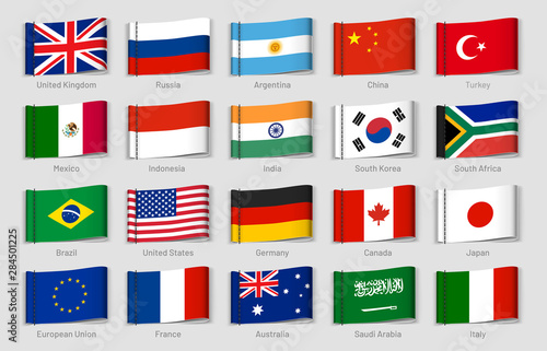 National flags fabric tags. G20 countries labels, official country flag tag. Political patriotism embroidery, nation flags or patriotic majestic pride emblem. Isolated vector symbols set