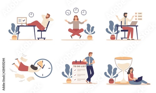 Working time planning. Work schedule, organize works productivity and tasks time management. Office work time activities, it team productive deadline plan. Flat isolated icons vector illustration set