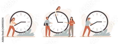 Efficiency work time. Working hours rate, business people work on clocks and time management deadline clock. Organization profit, team productivity strategy. Isolated vector illustration icons set