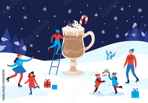 Winter warming cocoa mug. Happy people winter activities, celebrating Christmas and drink warm drinks, chocolate beverage with cinnamon or 2020 New Year cafe postcard vector illustration