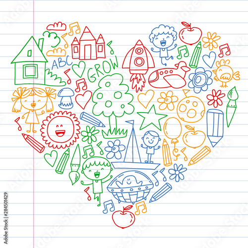 Time to adventure. Imagination creativity small children play nursery kindergarten preschool school kids drawing doodle icons pattern, play, study, learn with happy boys and girls Let's explore space
