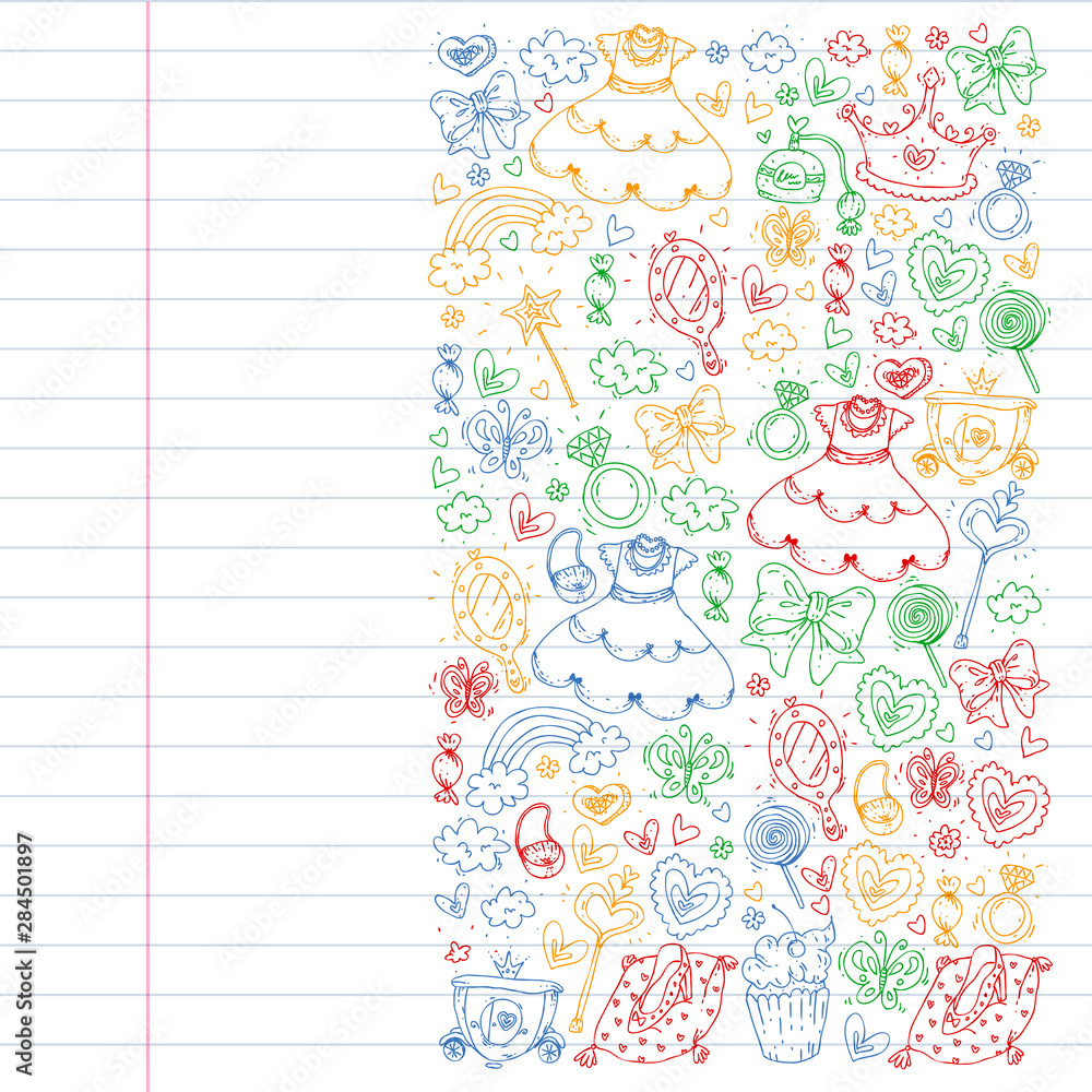 Fototapeta premium Princess birthday party for little girls. Kindergarten, school children picture. Illustration for children with castle, fairy, dress, crown.