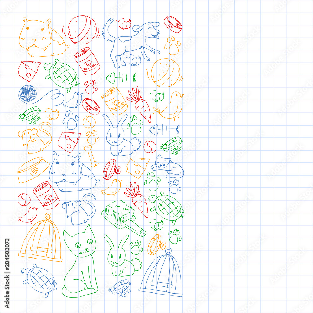 Pet shop. Vector illustration with animals, dog, cat, fish, Colorful background with kitten, bird, puppy. Veterinarian clinic. Pet shop. Vector illustration with animals, dog, cat, fish, Colorful background with kitten, bird, puppy. Veterinarian clinic.