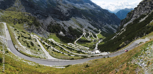Italy, Famous road to Stelvio Pass in Alps. Alpine landscape. Mountain serpentine
