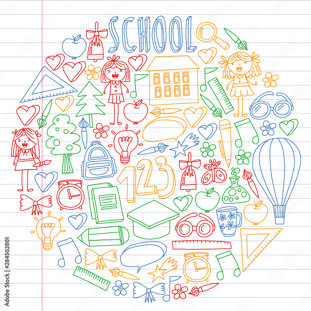 Vector set of Back to School icons in doodle style. Painted, colorful, pictures on a piece of paper on white background. Drawing by pen on exercise notebook. Vector set of Back to School icons in doodle style. Painted, colorful, pictures on a piece of paper on white background. Drawing by pen on exercise notebook.