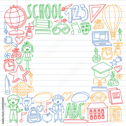 Vector set of Back to School icons in doodle style. Painted  colorful  pictures on a piece of paper on white background. Drawing by pen on exercise notebook.