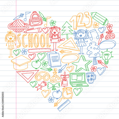 Vector set of Back to School icons in doodle style. Painted  colorful  pictures on a piece of paper on white background. Drawing by pen on exercise notebook.