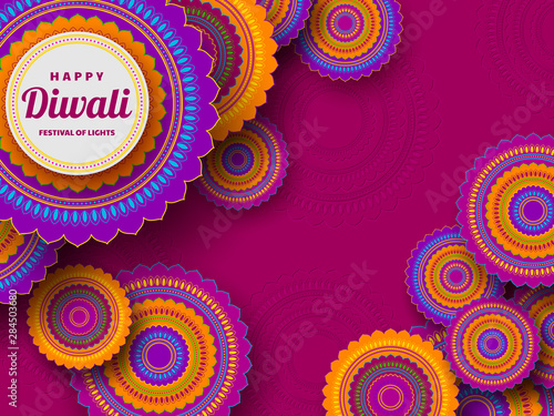 Diwali greeting card with 3d paper cut Indian rangoli. Festival of lights design. Purple bright colors. Vector illustration.