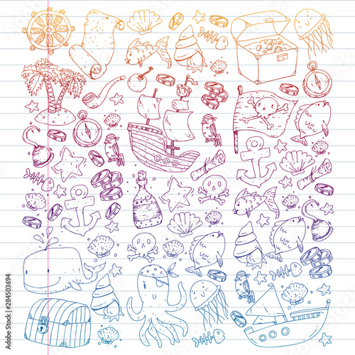Ocean and sea for children. Pattern for boys. Pirate party. Cute fishes, animals, treasures. Kids vacation pattern, beach toys and elements.