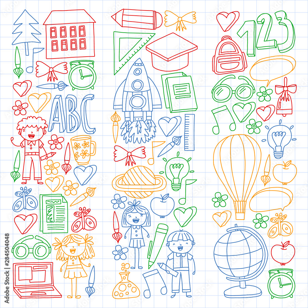Vector set of Back to School icons in doodle style. Painted, colorful, pictures on a piece of paper on white background. Drawing by colorful pen on squared notebook.