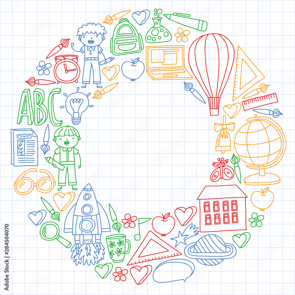 Vector set of Back to School icons in doodle style. Painted, colorful, pictures on a piece of paper on white background. Drawing by colorful pen on squared notebook.