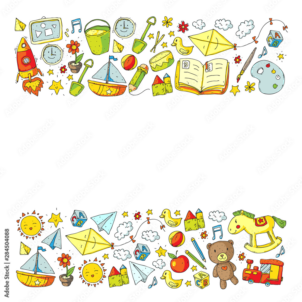 Fototapeta premium Kindergarten with toys. Pattern for children. Little preschool kids education. Drawing, learning, play