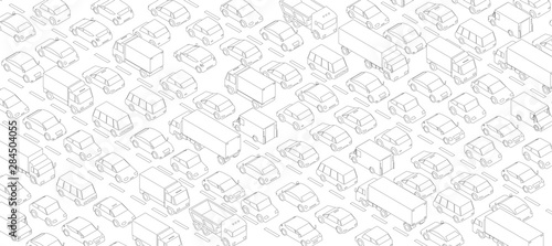 Traffic jam, car plug transport highway road. A lot of cars. Gray lines outline contour style. Background monochrome vector horizontal banner