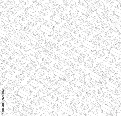 Traffic jam, car plug transport highway road. A lot of cars. Gray lines outline contour style. Background monochrome vector.