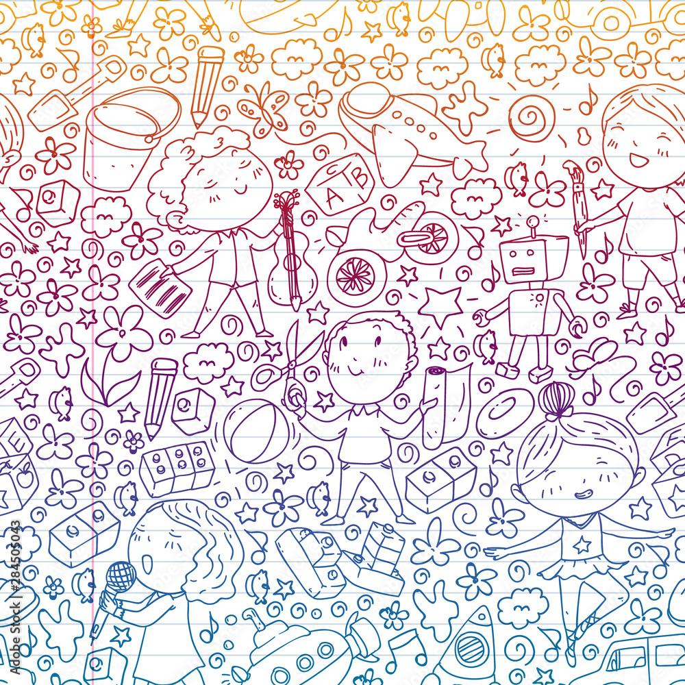 Painted by hand style seamless pattern on the theme of childhood. Vector illustration for children design. Drawing on exercise notebook in gradient style.