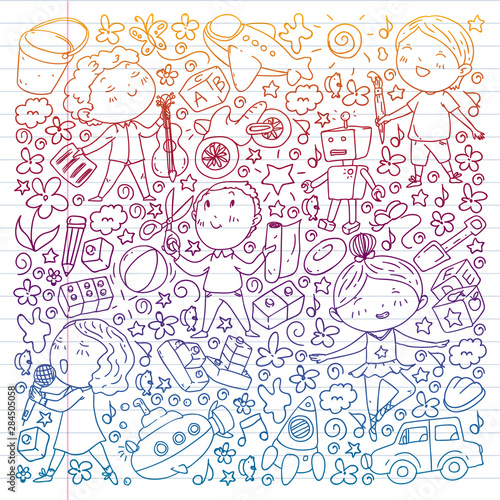 Painted by hand style pattern on the theme of childhood. Vector illustration for children design. Drawing on exercise notebook in gradient style.