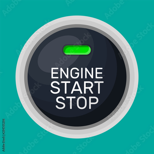 Engine start and stop button with light. Car engine start. Modern starting and stopping switch for motor vehicles. Automobile dashboard element. Vector illustration in flat style