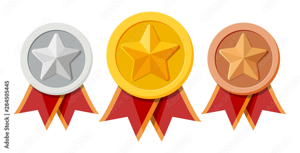 Set of medals with red ribbons and star shapes. Gold, silver, bronze ...