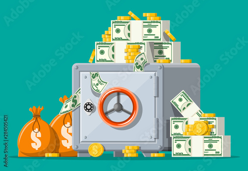 Safe box front view. Closed silver metallic safe with money. Gold coins, stacks of dollar cash, bags with money. Bank vault security, deposit storage, cash safety safebox. Flat vector illustration
