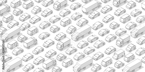 Traffic jam, car plug transport highway road. A lot of cars. Gray lines outline contour style with shadow. Background monochrome vector horizontal banner