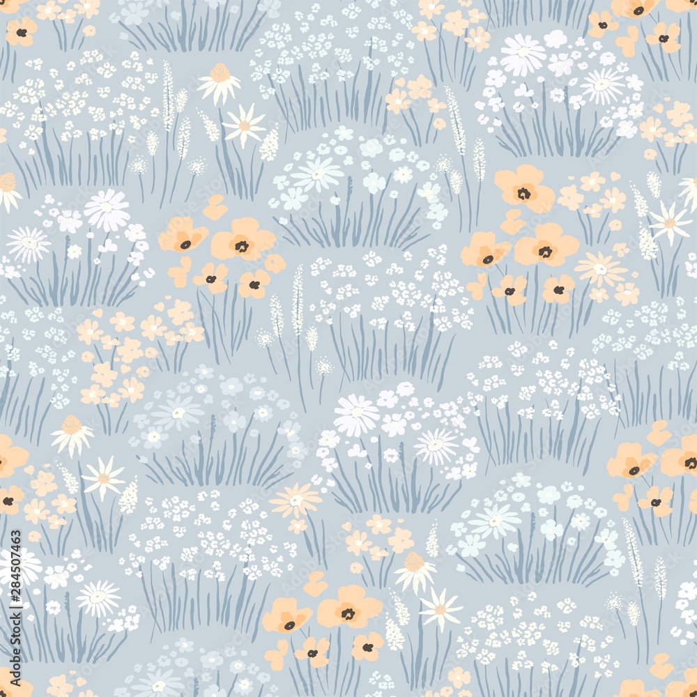 Meadow with wildflowers, abstract seamless floral pattern. Vector doodle illustration in vintage style.