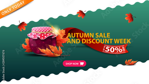 Autumn sale and discount week, green banner with jar of jam and maple leaves