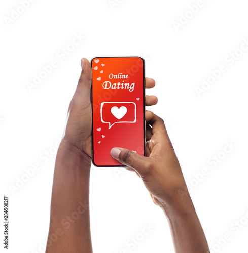 Afro Female Hands Using Online Dating Service On Phone, Isolated