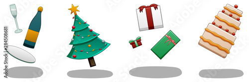 Set of levitating Christmas attributes: champagne, christmas tree, gift boxes and cake. There are shadows below them on the ground. White background, vector.
