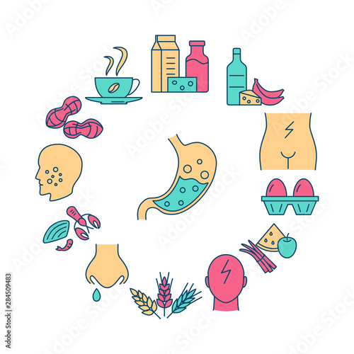 Food intolerance round concept banner in colored line style
