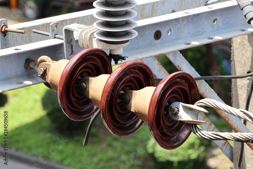 Quadro su tela Suspension Type Insulators on Electrical Pole Close up view