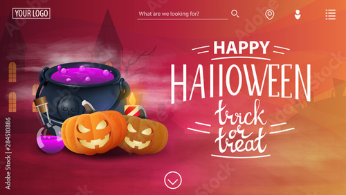 Happy Halloween, a template for the site with congratulations, witch's pot and pumpkin Jack