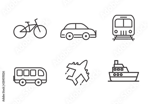 Set of transportation icon with simple line design such as bike, car, bus and more