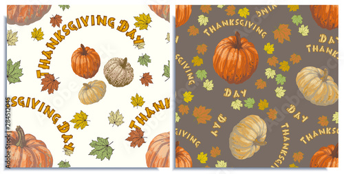 Vector set of seamless patterns with wonderful colorful different kind of pumpkins, hand-drawn, graphic, real-style. Seasonal colors: orange, beige, brown. Scattered, ripe, different sizes and sorts