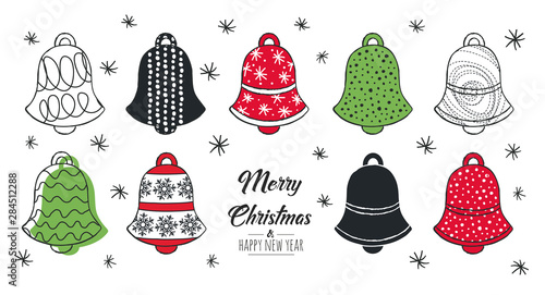 Set of hand drawn christmas bell. Decoration isolated elements . Doodles and sketches vector illustration